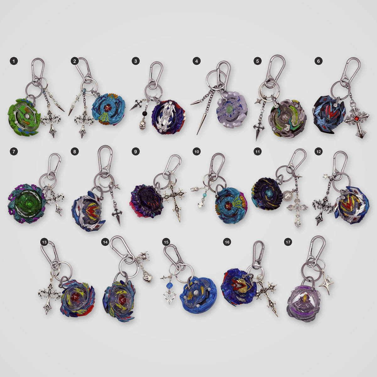 Blue & Green upcycled Beyblade keychains, all designs