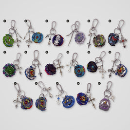 Blue & Green upcycled Beyblade keychains, all designs