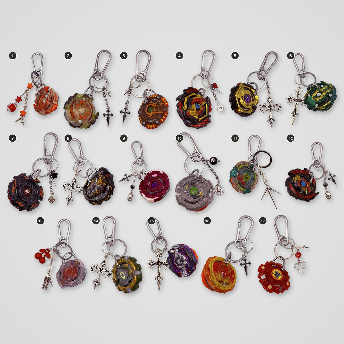 Red & Gold upcycled Beyblade keychains, all designs