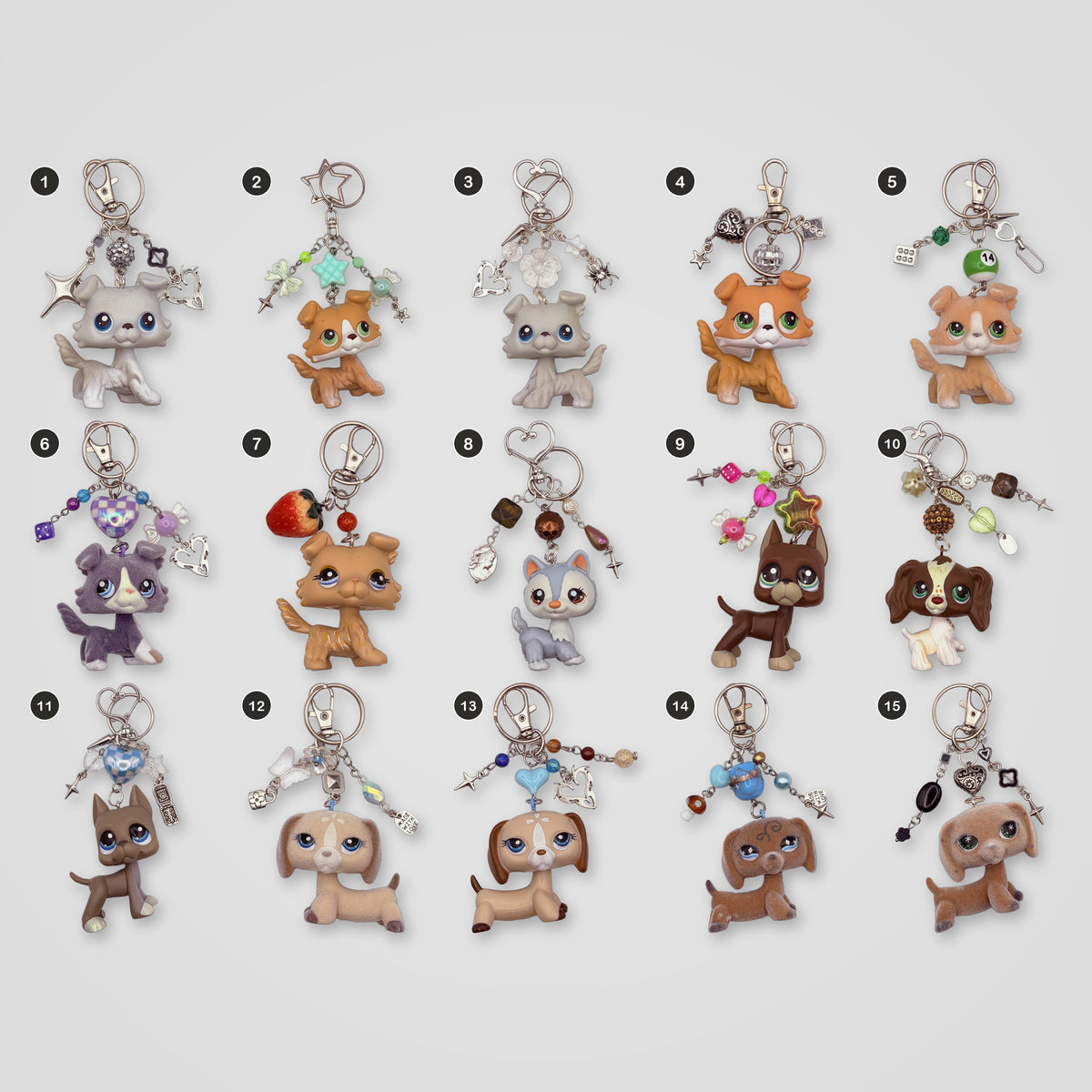 Dogs upcycled LPS keychains, all designs