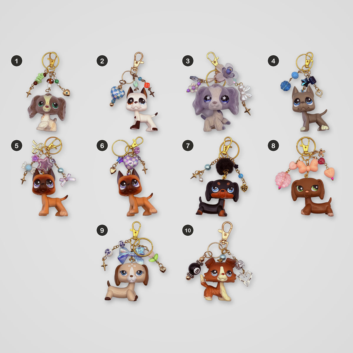 Gold Dogs upcycled LPS keychains, all designs