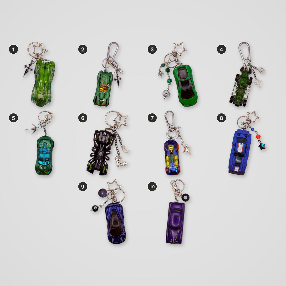 Green & Blue upcycled Hot Wheels keychains, all designs