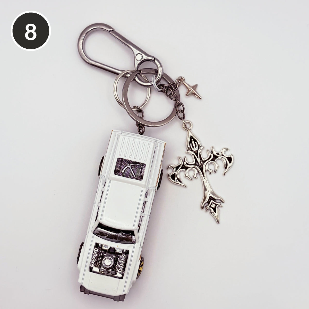 #8 Pearl Ride upcycled Hot Wheels keychain